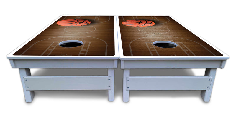 Waterproof - Basketball Design - All Weather Boards "Outdoor Solution" 18mm(3/4")Direct UV Printed - Regulation 2' by 4' Cornhole Boards (Set of 2 Boards) Double Thick Legs, with Leg Brace & Dual Support Braces!