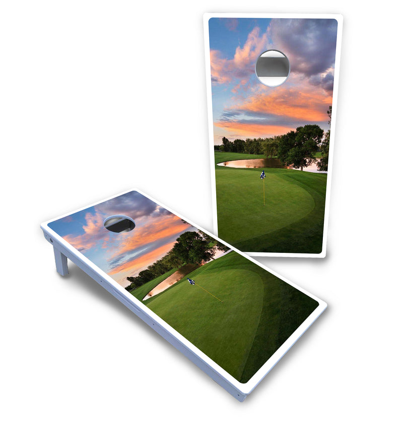 Waterproof - Golf Course Sunset Design Options - All Weather Boards "Outdoor Solution" 18mm(3/4")Direct UV Printed - Regulation 2' by 4' Cornhole Boards (Set of 2 Boards) Double Thick Legs, with Leg Brace & Dual Support Braces!