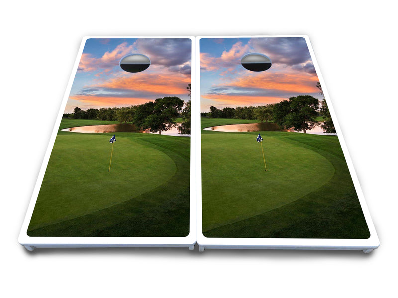 Waterproof - Golf Course Sunset Design Options - All Weather Boards "Outdoor Solution" 18mm(3/4")Direct UV Printed - Regulation 2' by 4' Cornhole Boards (Set of 2 Boards) Double Thick Legs, with Leg Brace & Dual Support Braces!