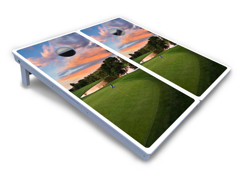 Waterproof - Golf Course Sunset Design Options - All Weather Boards "Outdoor Solution" 18mm(3/4")Direct UV Printed - Regulation 2' by 4' Cornhole Boards (Set of 2 Boards) Double Thick Legs, with Leg Brace & Dual Support Braces!