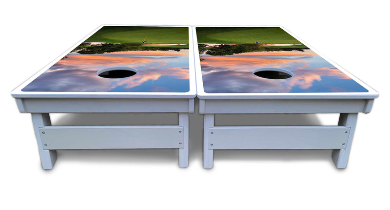 Waterproof - Golf Course Sunset Design Options - All Weather Boards "Outdoor Solution" 18mm(3/4")Direct UV Printed - Regulation 2' by 4' Cornhole Boards (Set of 2 Boards) Double Thick Legs, with Leg Brace & Dual Support Braces!