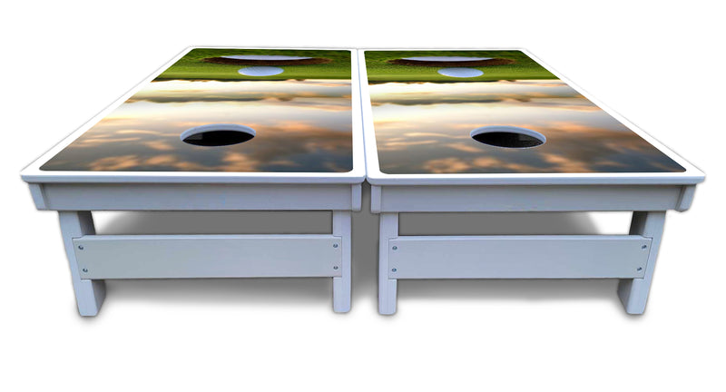 Waterproof - Golf Course Sunset Design Options - All Weather Boards "Outdoor Solution" 18mm(3/4")Direct UV Printed - Regulation 2' by 4' Cornhole Boards (Set of 2 Boards) Double Thick Legs, with Leg Brace & Dual Support Braces!