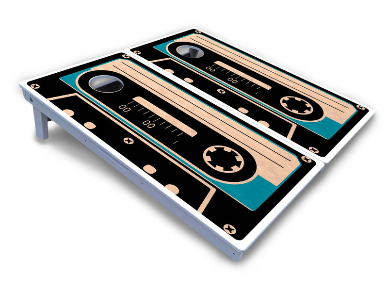 Waterproof - Cassette Tape Design - All Weather Boards "Outdoor Solution" 18mm(3/4")Direct UV Printed - Regulation 2' by 4' Cornhole Boards (Set of 2 Boards) Double Thick Legs, with Leg Brace & Dual Support Braces!