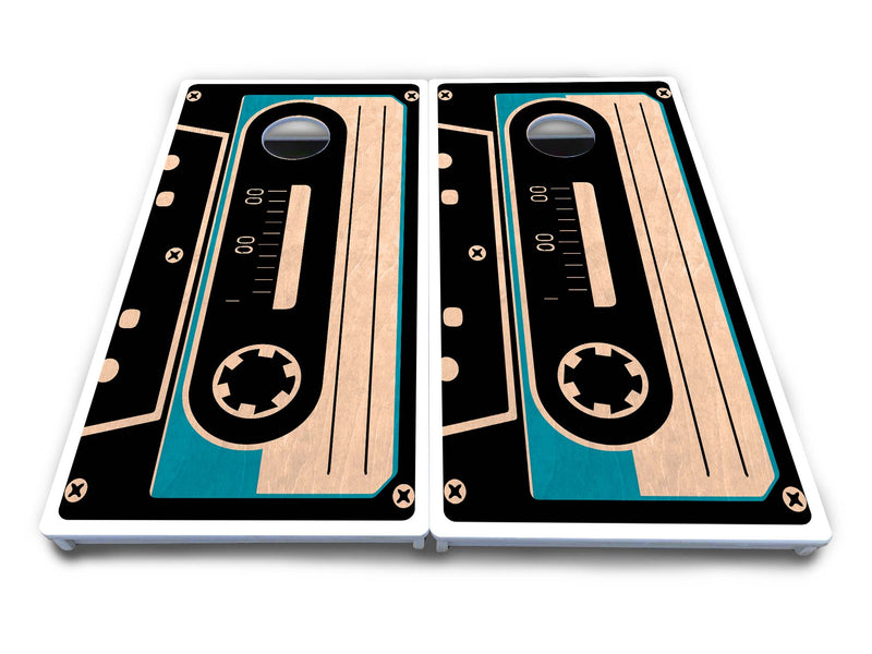 Waterproof - Cassette Tape Design - All Weather Boards "Outdoor Solution" 18mm(3/4")Direct UV Printed - Regulation 2' by 4' Cornhole Boards (Set of 2 Boards) Double Thick Legs, with Leg Brace & Dual Support Braces!