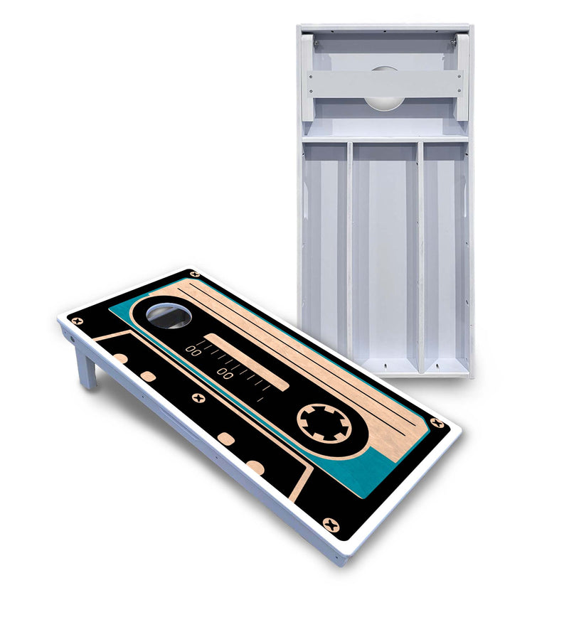 Waterproof - Cassette Tape Design - All Weather Boards "Outdoor Solution" 18mm(3/4")Direct UV Printed - Regulation 2' by 4' Cornhole Boards (Set of 2 Boards) Double Thick Legs, with Leg Brace & Dual Support Braces!