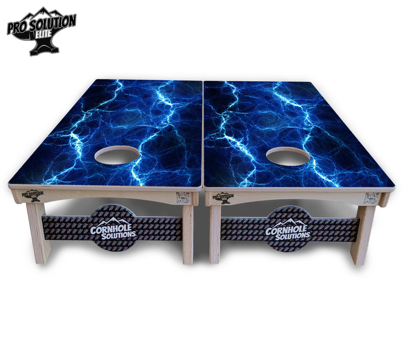 Pro Solution Elite - Blue & Green Lightning Design Options - Professional Tournament Cornhole Boards 3/4" Baltic Birch - Zero Bounce Zero Movement Vertical Interlocking Braces for Extra Weight & Stability +Double Thick Legs +Airmail Blocker