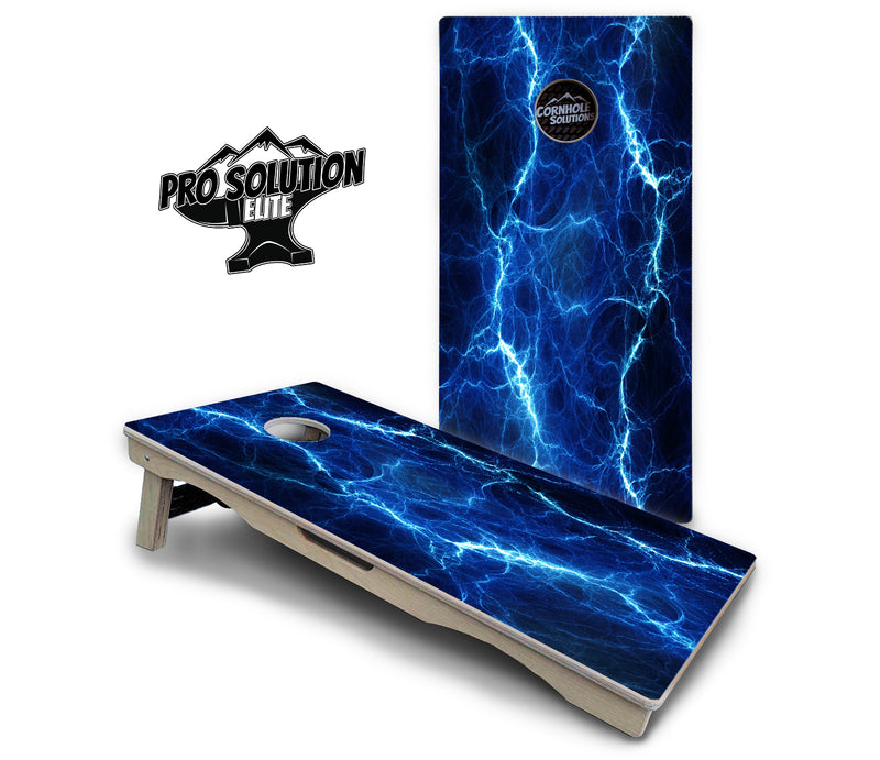 Pro Solution Elite - Blue & Green Lightning Design Options - Professional Tournament Cornhole Boards 3/4" Baltic Birch - Zero Bounce Zero Movement Vertical Interlocking Braces for Extra Weight & Stability +Double Thick Legs +Airmail Blocker