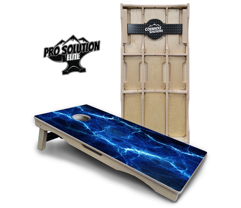 Pro Solution Elite - Blue & Green Lightning Design Options - Professional Tournament Cornhole Boards 3/4" Baltic Birch - Zero Bounce Zero Movement Vertical Interlocking Braces for Extra Weight & Stability +Double Thick Legs +Airmail Blocker