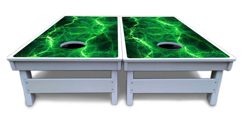 Waterproof - Blue & Green Lightning Design Options - All Weather Boards "Outdoor Solution" 18mm(3/4")Direct UV Printed - Regulation 2' by 4' Cornhole Boards (Set of 2 Boards) Double Thick Legs, with Leg Brace & Dual Support Braces!