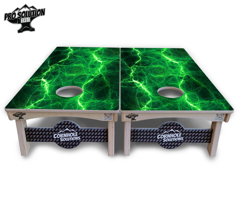 Pro Solution Elite - Blue & Green Lightning Design Options - Professional Tournament Cornhole Boards 3/4" Baltic Birch - Zero Bounce Zero Movement Vertical Interlocking Braces for Extra Weight & Stability +Double Thick Legs +Airmail Blocker