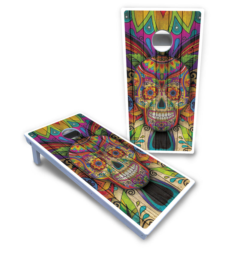 Waterproof - Sugar Skull Design Options - All Weather Boards "Outdoor Solution" 18mm(3/4")Direct UV Printed - Regulation 2' by 4' Cornhole Boards (Set of 2 Boards) Double Thick Legs, with Leg Brace & Dual Support Braces!