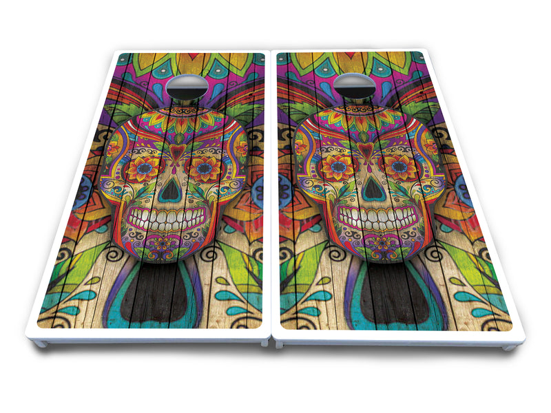 Waterproof - Sugar Skull Design Options - All Weather Boards "Outdoor Solution" 18mm(3/4")Direct UV Printed - Regulation 2' by 4' Cornhole Boards (Set of 2 Boards) Double Thick Legs, with Leg Brace & Dual Support Braces!