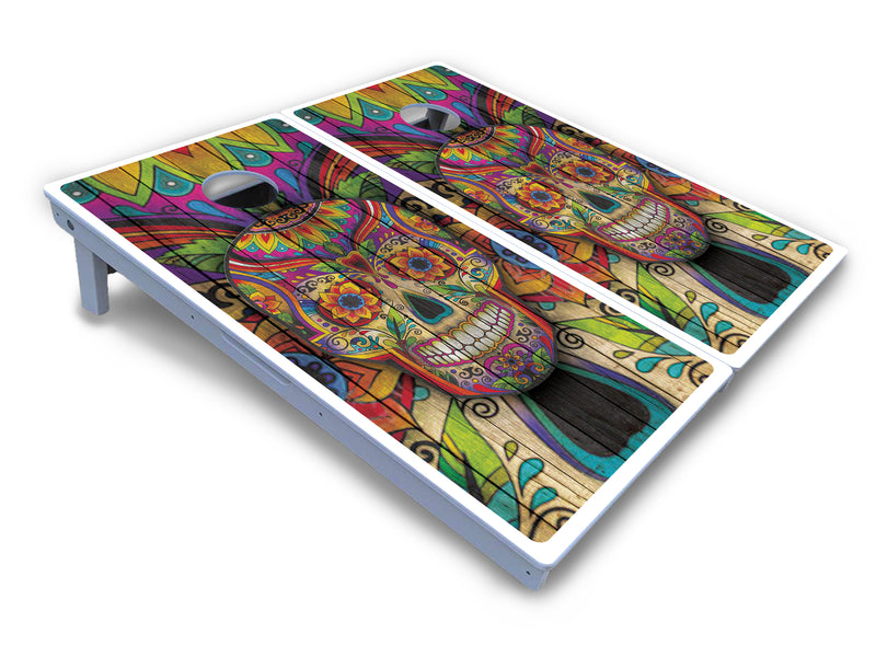 Waterproof - Sugar Skull Design Options - All Weather Boards "Outdoor Solution" 18mm(3/4")Direct UV Printed - Regulation 2' by 4' Cornhole Boards (Set of 2 Boards) Double Thick Legs, with Leg Brace & Dual Support Braces!