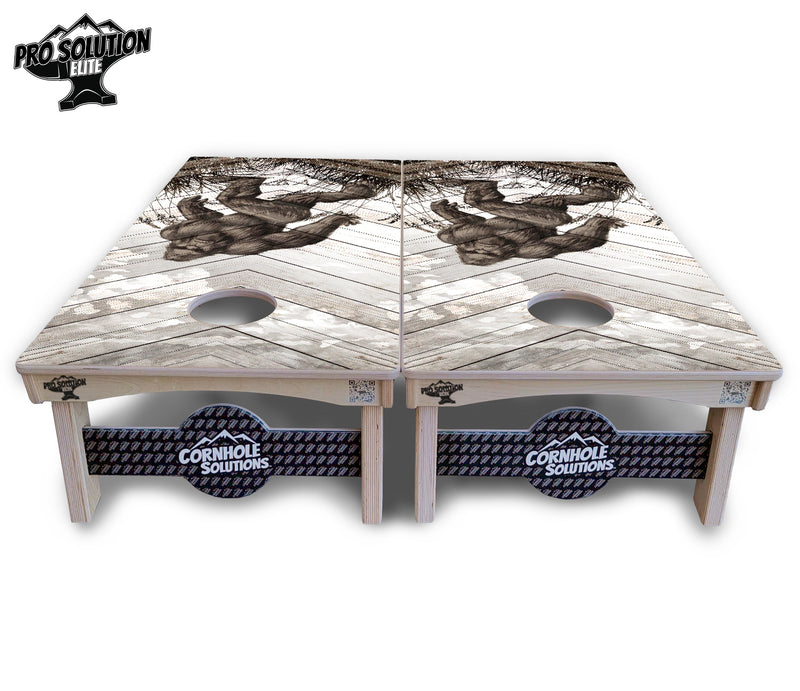 Pro Solution Elite - Bigfoot Whitewash Design - Professional Tournament Cornhole Boards 3/4" Baltic Birch - Zero Bounce Zero Movement Vertical Interlocking Braces for Extra Weight & Stability +Double Thick Legs +Airmail Blocker