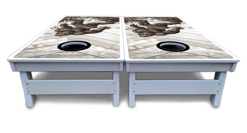 Waterproof - Bigfoot Whitewash Black Hole Design - All Weather Boards "Outdoor Solution" 18mm(3/4")Direct UV Printed - Regulation 2' by 4' Cornhole Boards (Set of 2 Boards) Double Thick Legs, with Leg Brace & Dual Support Braces!