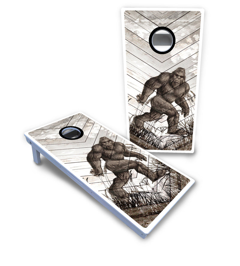 Waterproof - Bigfoot Whitewash Black Hole Design - All Weather Boards "Outdoor Solution" 18mm(3/4")Direct UV Printed - Regulation 2' by 4' Cornhole Boards (Set of 2 Boards) Double Thick Legs, with Leg Brace & Dual Support Braces!