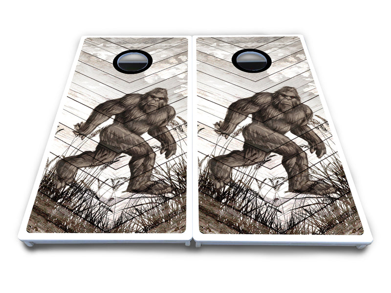 Waterproof - Bigfoot Whitewash Black Hole Design - All Weather Boards "Outdoor Solution" 18mm(3/4")Direct UV Printed - Regulation 2' by 4' Cornhole Boards (Set of 2 Boards) Double Thick Legs, with Leg Brace & Dual Support Braces!