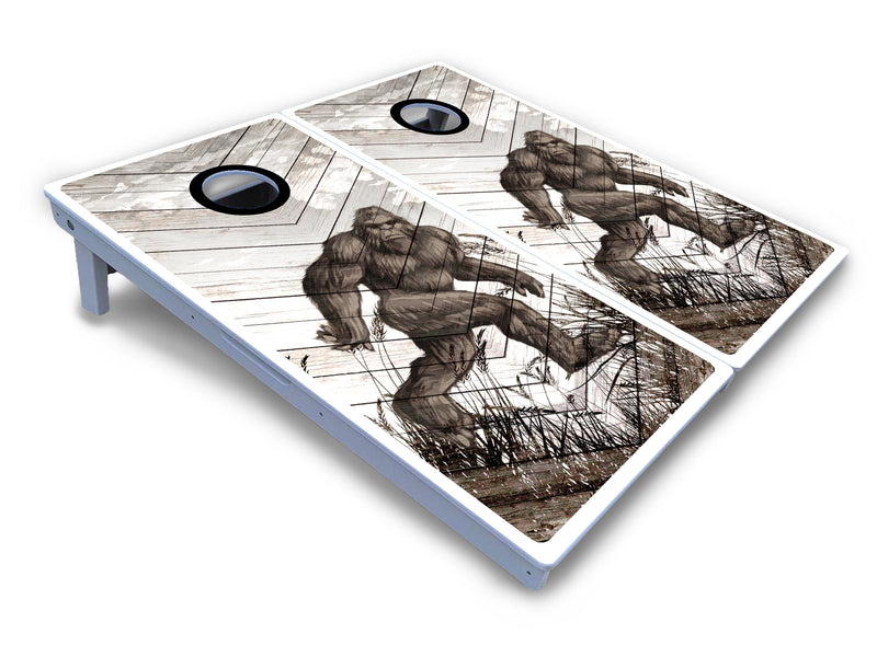 Waterproof - Bigfoot Whitewash Black Hole Design - All Weather Boards "Outdoor Solution" 18mm(3/4")Direct UV Printed - Regulation 2' by 4' Cornhole Boards (Set of 2 Boards) Double Thick Legs, with Leg Brace & Dual Support Braces!