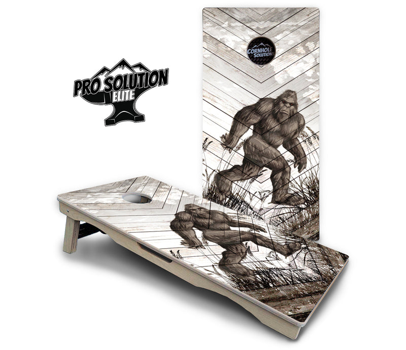 Pro Solution Elite - Bigfoot Whitewash Design - Professional Tournament Cornhole Boards 3/4" Baltic Birch - Zero Bounce Zero Movement Vertical Interlocking Braces for Extra Weight & Stability +Double Thick Legs +Airmail Blocker