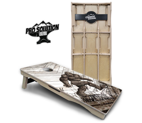 Pro Solution Elite - Bigfoot Whitewash Design - Professional Tournament Cornhole Boards 3/4" Baltic Birch - Zero Bounce Zero Movement Vertical Interlocking Braces for Extra Weight & Stability +Double Thick Legs +Airmail Blocker