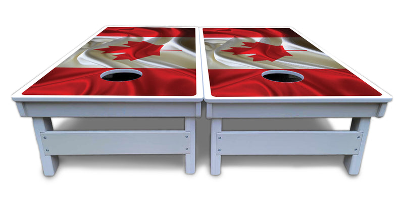 Waterproof - Wavy Canadian Flag - All Weather Boards "Outdoor Solution" 18mm(3/4")Direct UV Printed - Regulation 2' by 4' Cornhole Boards (Set of 2 Boards) Double Thick Legs, with Leg Brace & Dual Support Braces!