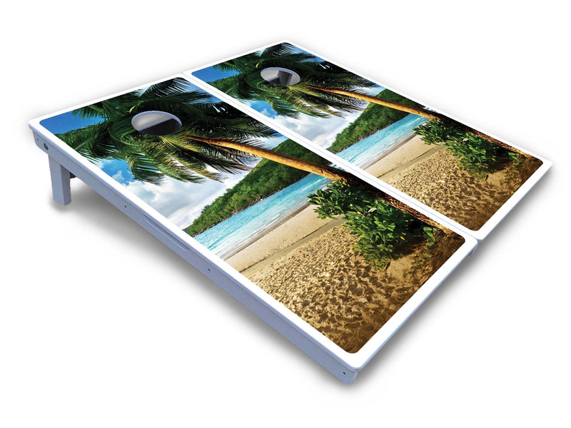 Waterproof - Beach Scene Design - All Weather Boards "Outdoor Solution" 18mm(3/4")Direct UV Printed - Regulation 2' by 4' Cornhole Boards (Set of 2 Boards) Double Thick Legs, with Leg Brace & Dual Support Braces!