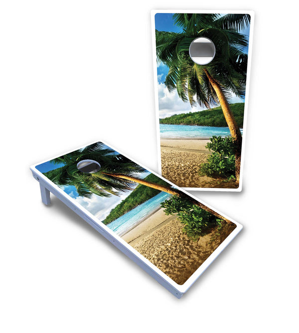 Waterproof - Beach Scene Design - All Weather Boards "Outdoor Solution" 18mm(3/4")Direct UV Printed - Regulation 2' by 4' Cornhole Boards (Set of 2 Boards) Double Thick Legs, with Leg Brace & Dual Support Braces!