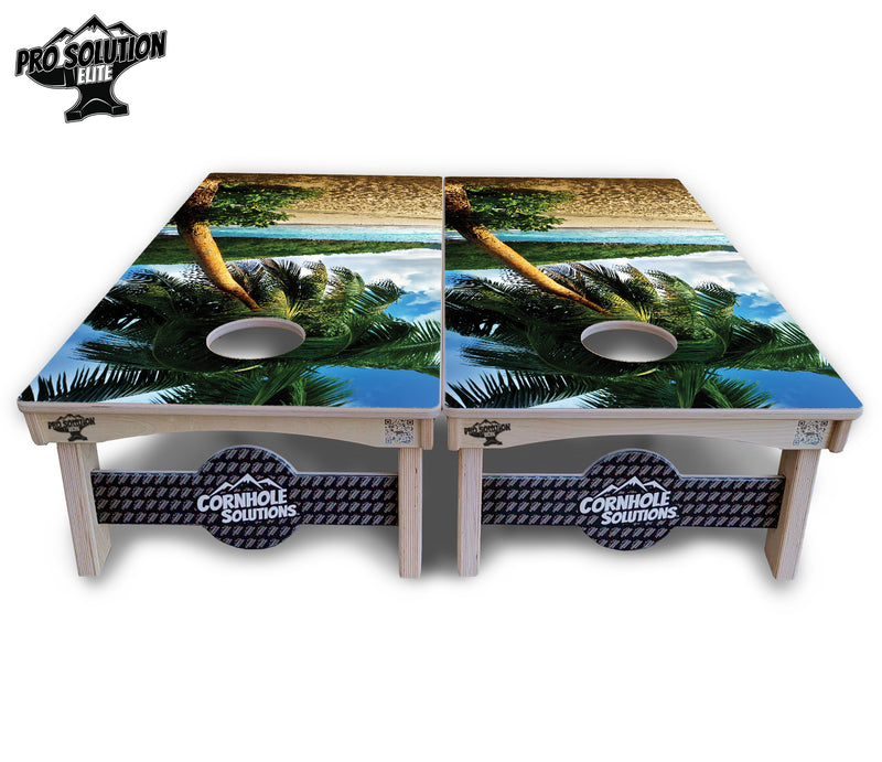 Pro Solution Elite - Beach Scene - Professional Tournament Cornhole Boards 3/4" Baltic Birch - Zero Bounce Zero Movement Vertical Interlocking Braces for Extra Weight & Stability +Double Thick Legs +Airmail Blocker