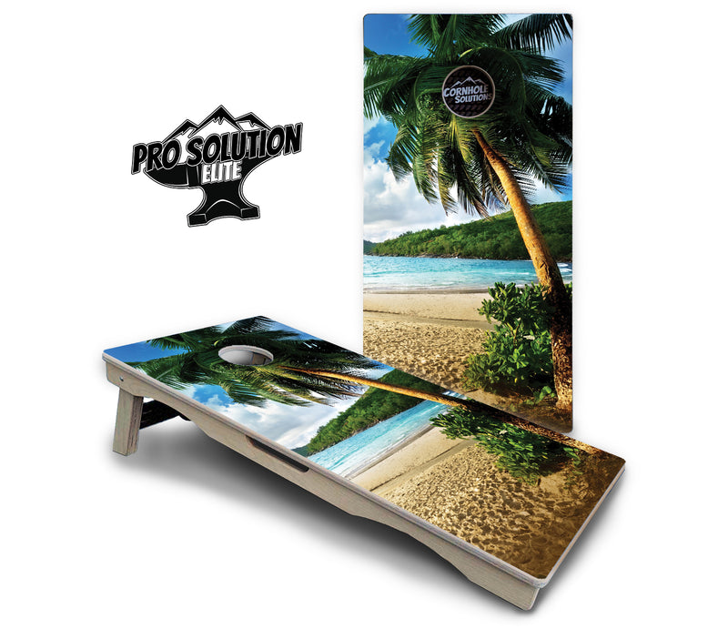 Pro Solution Elite - Beach Scene - Professional Tournament Cornhole Boards 3/4" Baltic Birch - Zero Bounce Zero Movement Vertical Interlocking Braces for Extra Weight & Stability +Double Thick Legs +Airmail Blocker