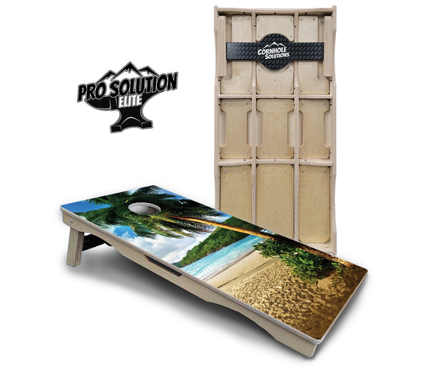 Pro Solution Elite - Beach Scene - Professional Tournament Cornhole Boards 3/4" Baltic Birch - Zero Bounce Zero Movement Vertical Interlocking Braces for Extra Weight & Stability +Double Thick Legs +Airmail Blocker