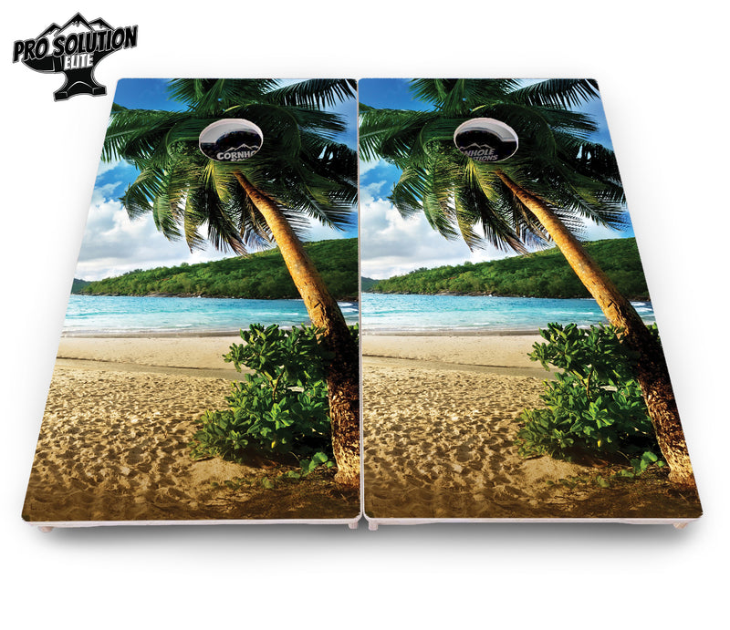 Pro Solution Elite - Beach Scene - Professional Tournament Cornhole Boards 3/4" Baltic Birch - Zero Bounce Zero Movement Vertical Interlocking Braces for Extra Weight & Stability +Double Thick Legs +Airmail Blocker