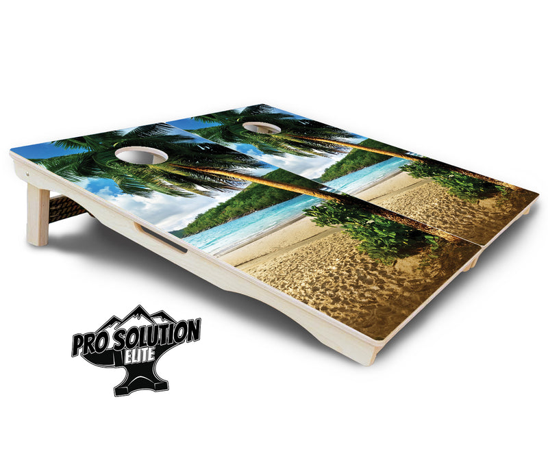 Pro Solution Elite - Beach Scene - Professional Tournament Cornhole Boards 3/4" Baltic Birch - Zero Bounce Zero Movement Vertical Interlocking Braces for Extra Weight & Stability +Double Thick Legs +Airmail Blocker