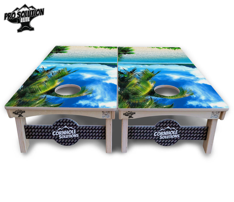 Pro Solution Elite - Beach Mountain Scene - Professional Tournament Cornhole Boards 3/4" Baltic Birch - Zero Bounce Zero Movement Vertical Interlocking Braces for Extra Weight & Stability +Double Thick Legs +Airmail Blocker