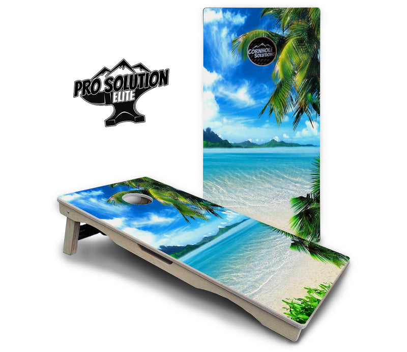 Pro Solution Elite - Beach Mountain Scene - Professional Tournament Cornhole Boards 3/4" Baltic Birch - Zero Bounce Zero Movement Vertical Interlocking Braces for Extra Weight & Stability +Double Thick Legs +Airmail Blocker