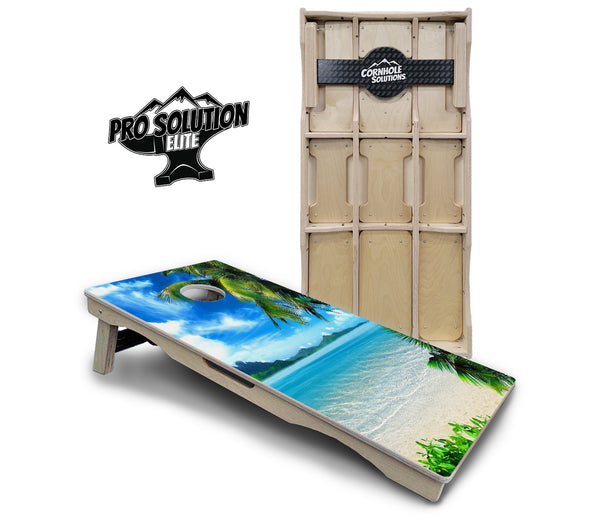 Pro Solution Elite - Beach Mountain Scene - Professional Tournament Cornhole Boards 3/4" Baltic Birch - Zero Bounce Zero Movement Vertical Interlocking Braces for Extra Weight & Stability +Double Thick Legs +Airmail Blocker