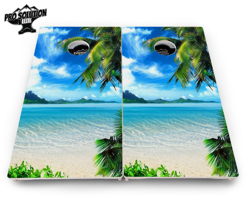 Pro Solution Elite - Beach Mountain Scene - Professional Tournament Cornhole Boards 3/4" Baltic Birch - Zero Bounce Zero Movement Vertical Interlocking Braces for Extra Weight & Stability +Double Thick Legs +Airmail Blocker