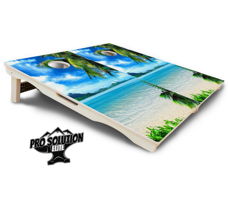 Pro Solution Elite - Beach Mountain Scene - Professional Tournament Cornhole Boards 3/4" Baltic Birch - Zero Bounce Zero Movement Vertical Interlocking Braces for Extra Weight & Stability +Double Thick Legs +Airmail Blocker