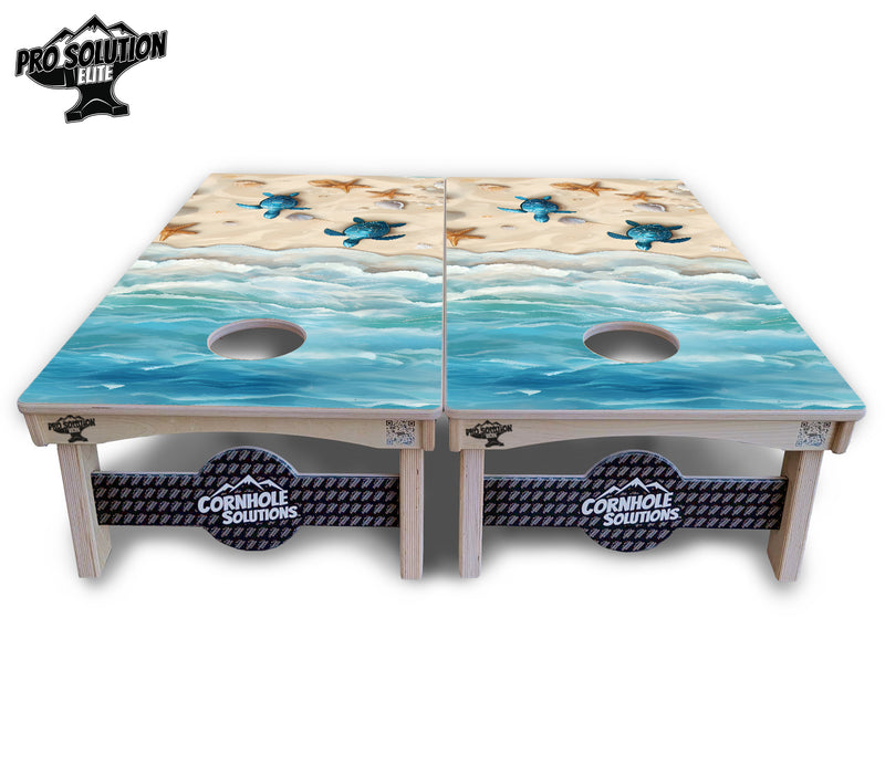 Pro Solution Elite - Sea Turtle Beach Scene - Professional Tournament Cornhole Boards 3/4" Baltic Birch - Zero Bounce Zero Movement Vertical Interlocking Braces for Extra Weight & Stability +Double Thick Legs +Airmail Blocker