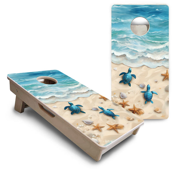 Mini Cornhole 12"x24" Boards - 4" holes - Sea Turtle Beach Scene - 3/4″ Baltic Birch