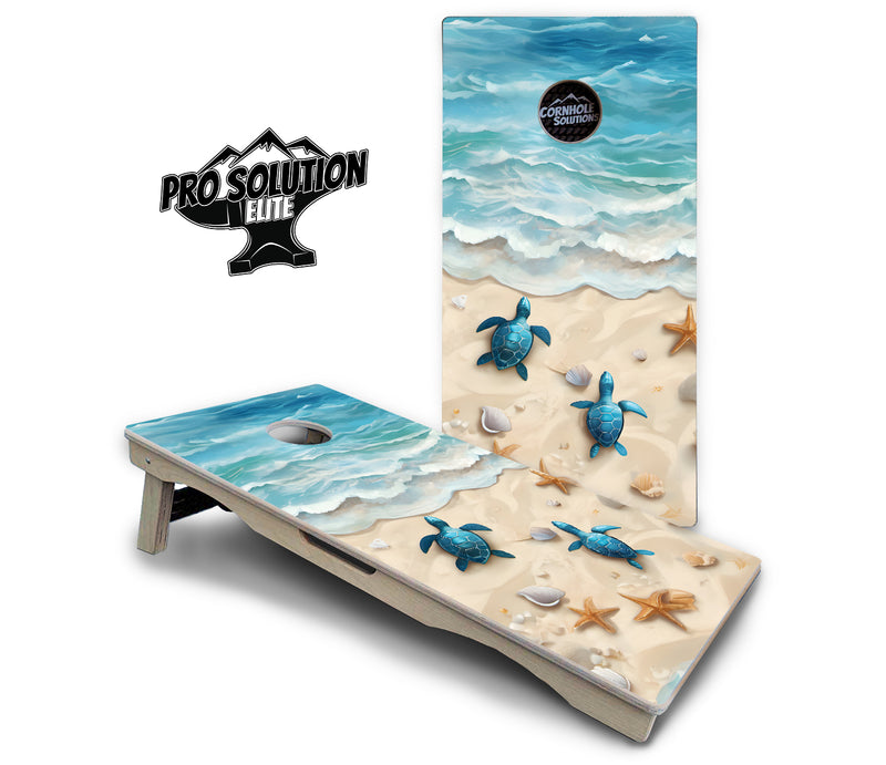 Pro Solution Elite - Sea Turtle Beach Scene - Professional Tournament Cornhole Boards 3/4" Baltic Birch - Zero Bounce Zero Movement Vertical Interlocking Braces for Extra Weight & Stability +Double Thick Legs +Airmail Blocker