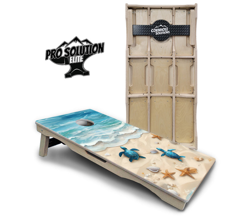 Pro Solution Elite - Sea Turtle Beach Scene - Professional Tournament Cornhole Boards 3/4" Baltic Birch - Zero Bounce Zero Movement Vertical Interlocking Braces for Extra Weight & Stability +Double Thick Legs +Airmail Blocker