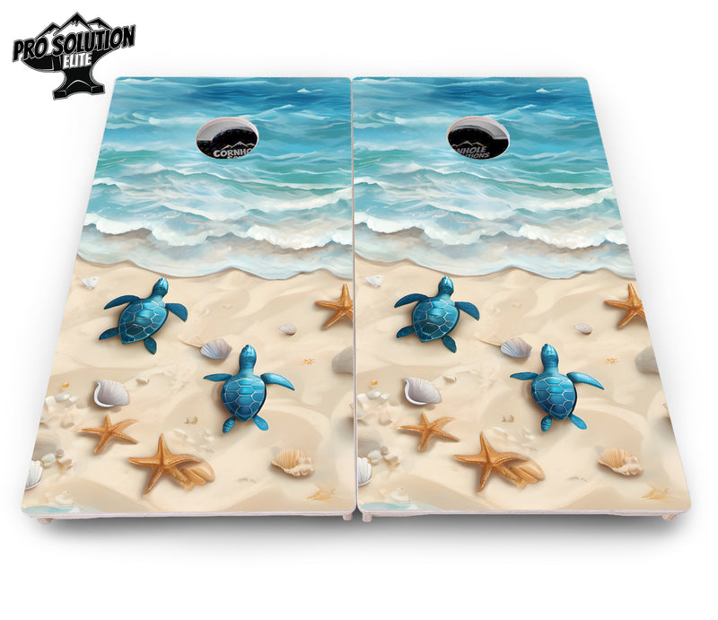 Pro Solution Elite - Sea Turtle Beach Scene - Professional Tournament Cornhole Boards 3/4" Baltic Birch - Zero Bounce Zero Movement Vertical Interlocking Braces for Extra Weight & Stability +Double Thick Legs +Airmail Blocker