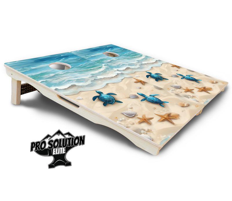 Pro Solution Elite - Sea Turtle Beach Scene - Professional Tournament Cornhole Boards 3/4" Baltic Birch - Zero Bounce Zero Movement Vertical Interlocking Braces for Extra Weight & Stability +Double Thick Legs +Airmail Blocker