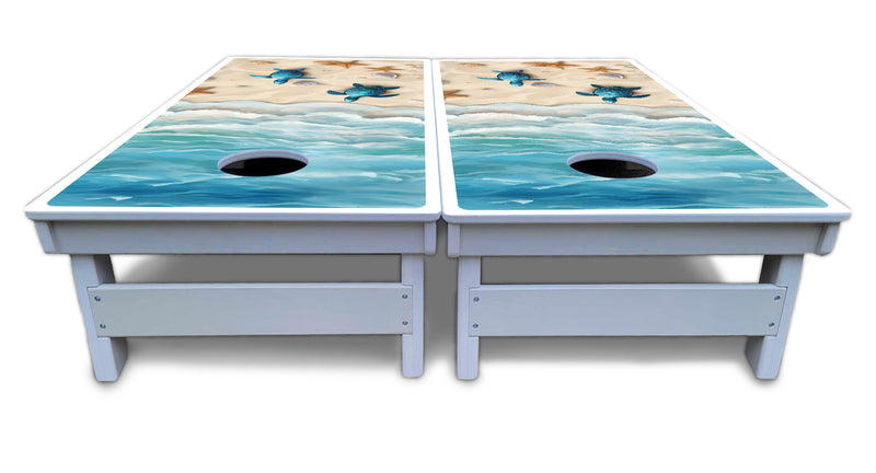 Waterproof - Sea Turtle Beach Scene - All Weather Boards "Outdoor Solution" 18mm(3/4")Direct UV Printed - Regulation 2' by 4' Cornhole Boards (Set of 2 Boards) Double Thick Legs, with Leg Brace & Dual Support Braces!