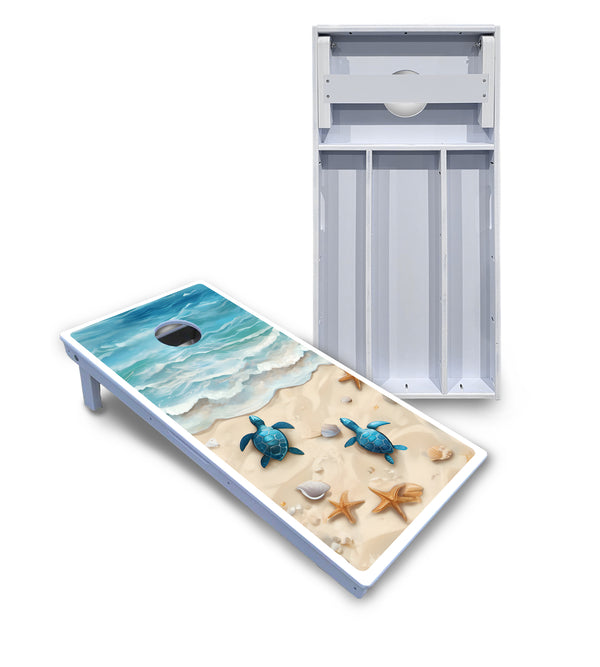 Waterproof - Sea Turtle Beach Scene - All Weather Boards "Outdoor Solution" 18mm(3/4")Direct UV Printed - Regulation 2' by 4' Cornhole Boards (Set of 2 Boards) Double Thick Legs, with Leg Brace & Dual Support Braces!