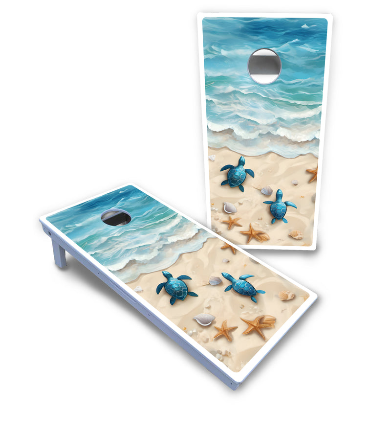 Waterproof - Sea Turtle Beach Scene - All Weather Boards "Outdoor Solution" 18mm(3/4")Direct UV Printed - Regulation 2' by 4' Cornhole Boards (Set of 2 Boards) Double Thick Legs, with Leg Brace & Dual Support Braces!