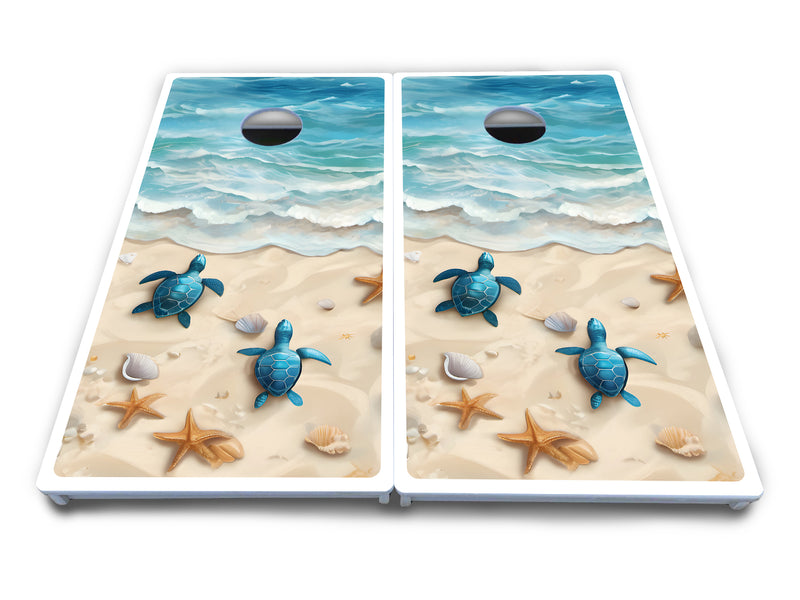 Waterproof - Sea Turtle Beach Scene - All Weather Boards "Outdoor Solution" 18mm(3/4")Direct UV Printed - Regulation 2' by 4' Cornhole Boards (Set of 2 Boards) Double Thick Legs, with Leg Brace & Dual Support Braces!