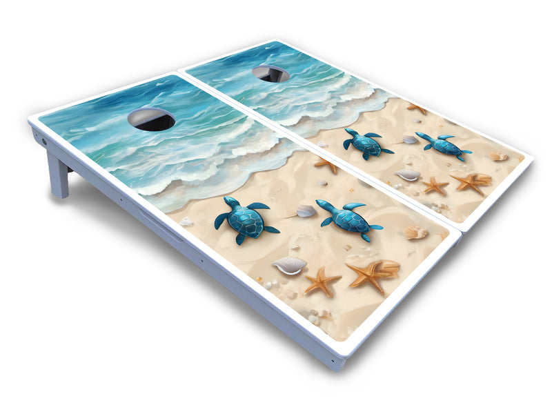 Waterproof - Sea Turtle Beach Scene - All Weather Boards "Outdoor Solution" 18mm(3/4")Direct UV Printed - Regulation 2' by 4' Cornhole Boards (Set of 2 Boards) Double Thick Legs, with Leg Brace & Dual Support Braces!