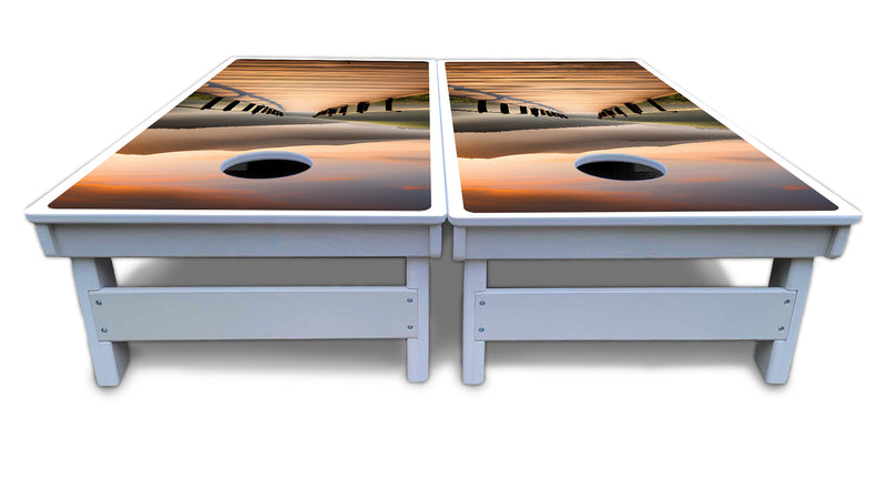 Waterproof - Wooden Bridge Design - All Weather Boards "Outdoor Solution" 18mm(3/4")Direct UV Printed - Regulation 2' by 4' Cornhole Boards (Set of 2 Boards) Double Thick Legs, with Leg Brace & Dual Support Braces!