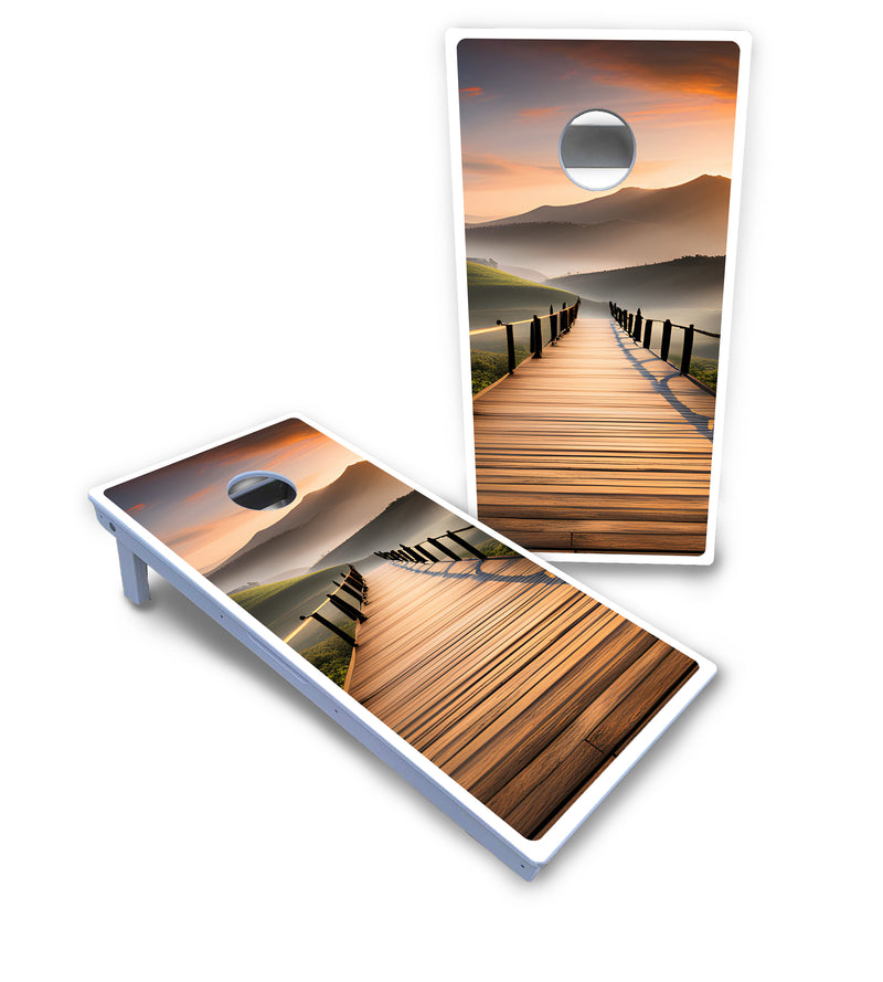 Waterproof - Wooden Bridge Design - All Weather Boards "Outdoor Solution" 18mm(3/4")Direct UV Printed - Regulation 2' by 4' Cornhole Boards (Set of 2 Boards) Double Thick Legs, with Leg Brace & Dual Support Braces!